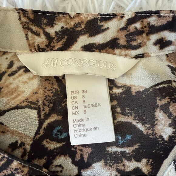 H&M Cream Leopard Cat Print Long Sleeve Midi Shirt Dress Size 8 - Picture 6 of 7